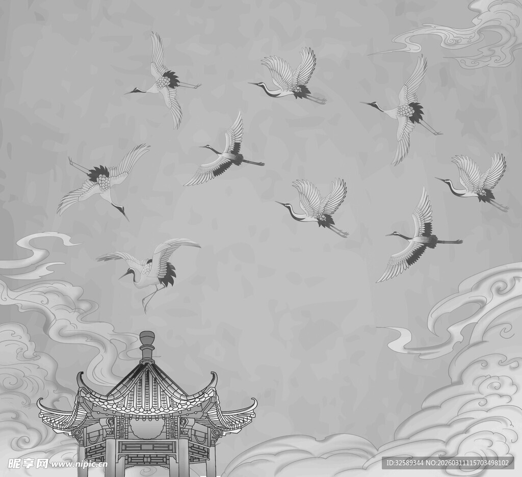 中式阁楼旁飞鸟翔于云间