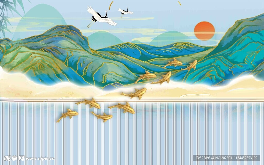 中式山水飞鸟日出美景图