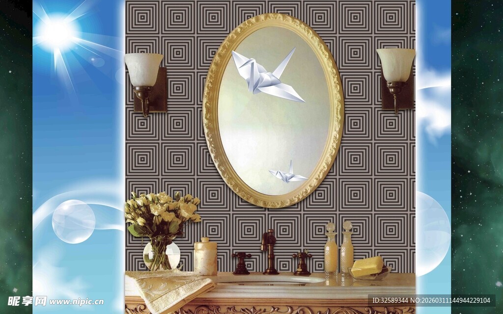 优雅浴室圆形镜装饰场景
