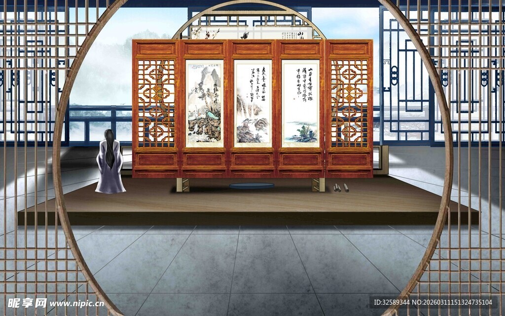 中式古典雕花屏风