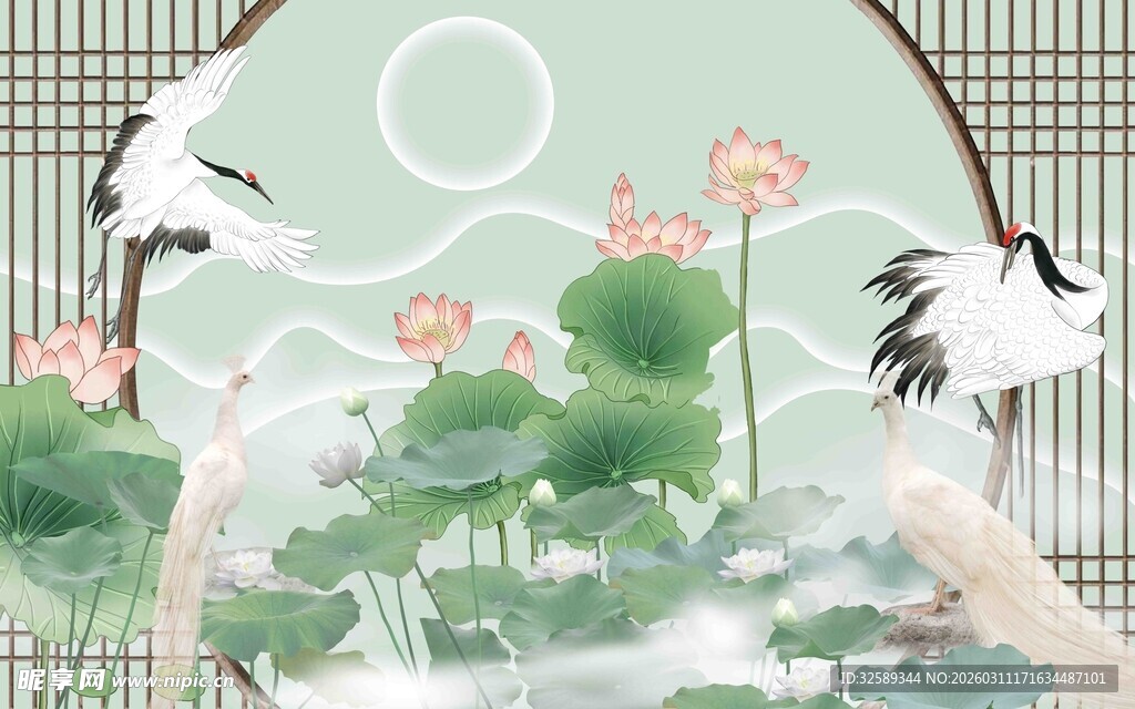 水墨仙鹤荷花中式意境图