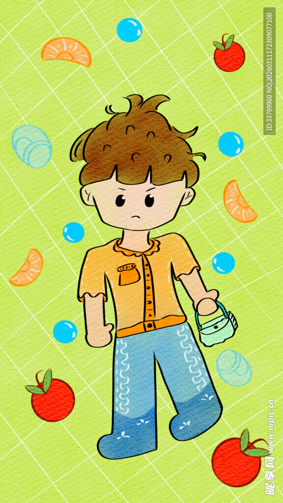 男孩手持包包与番茄