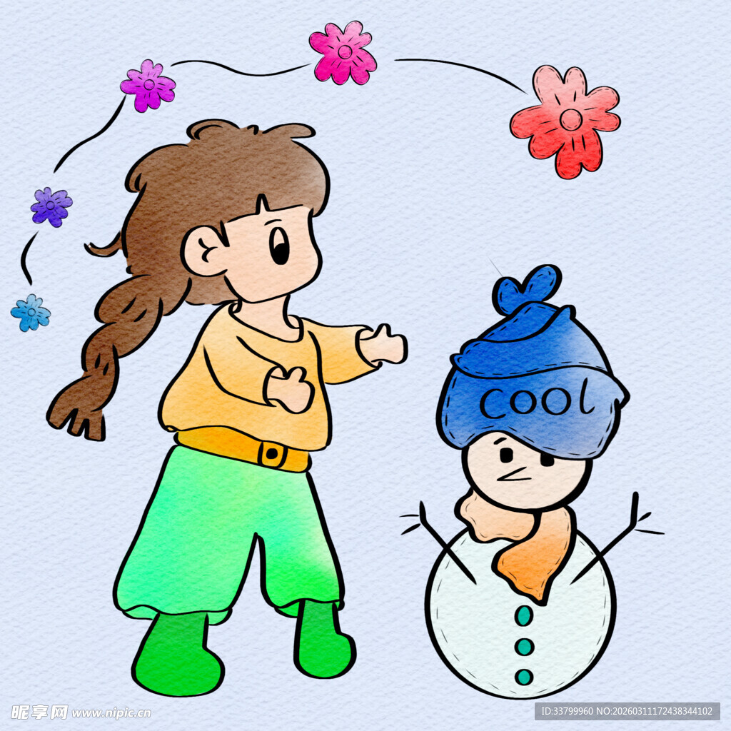 女孩欢快堆雪人