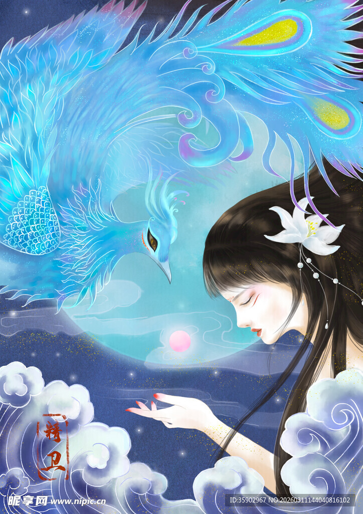 古风女子与灵鸟奇幻场景