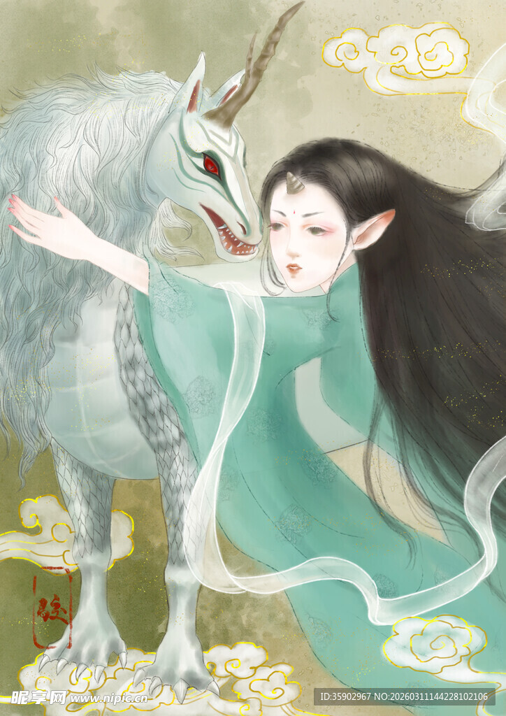 古风少女与神兽亲昵相伴