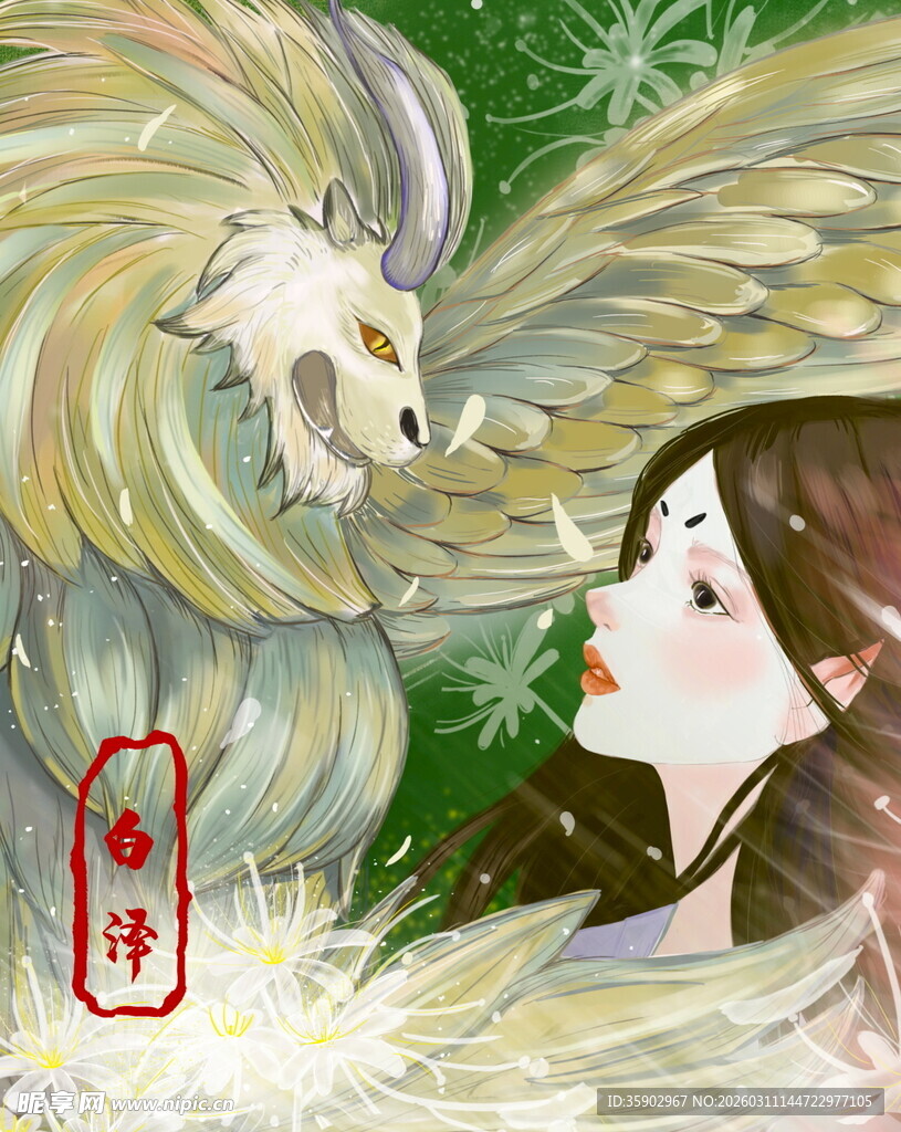 古风少女与灵鸟奇幻场景