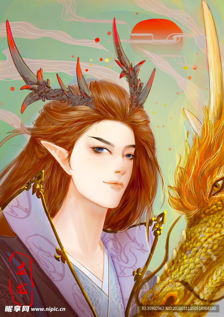 古风仙侠男子与神兽相伴