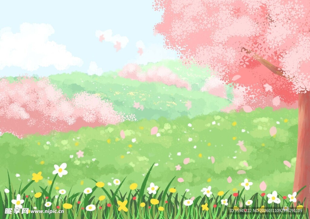 春日烂漫樱花草地美景