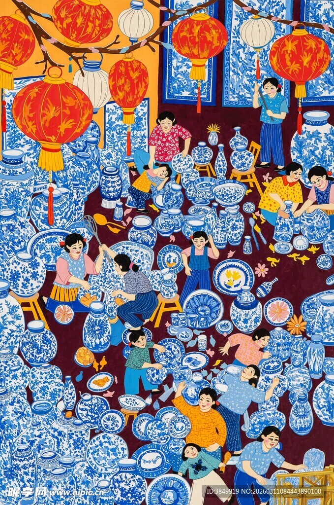 热闹集市中的传统元素场景