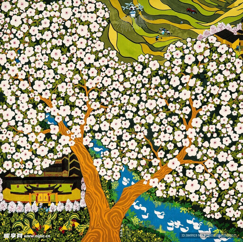 繁花满树的美好田园景象