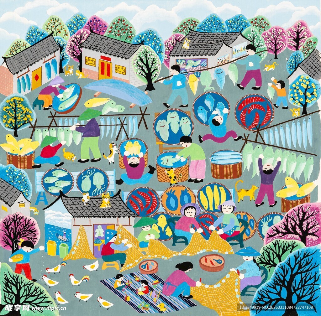 多彩乡村生活场景插画