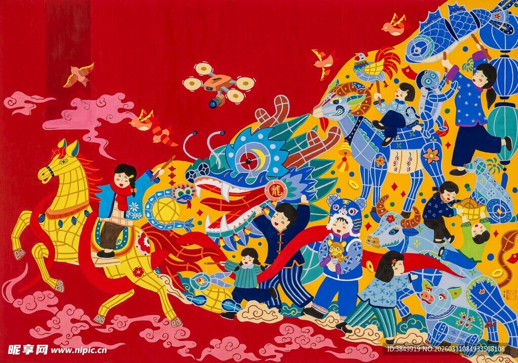 传统民俗热闹舞龙场景