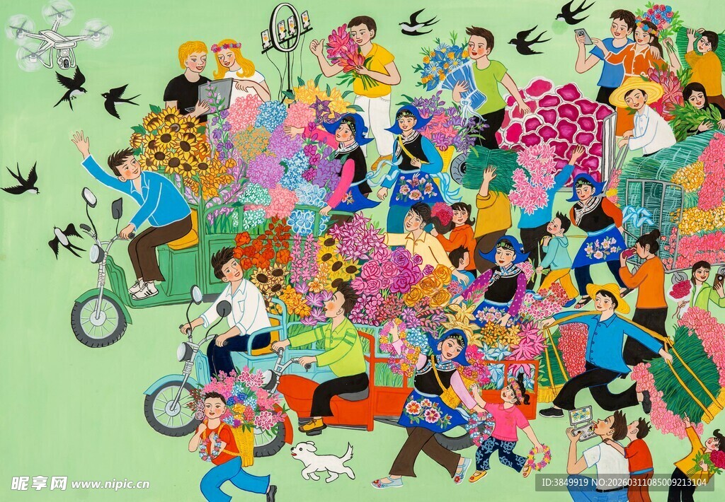 热闹街头的多彩人群景象