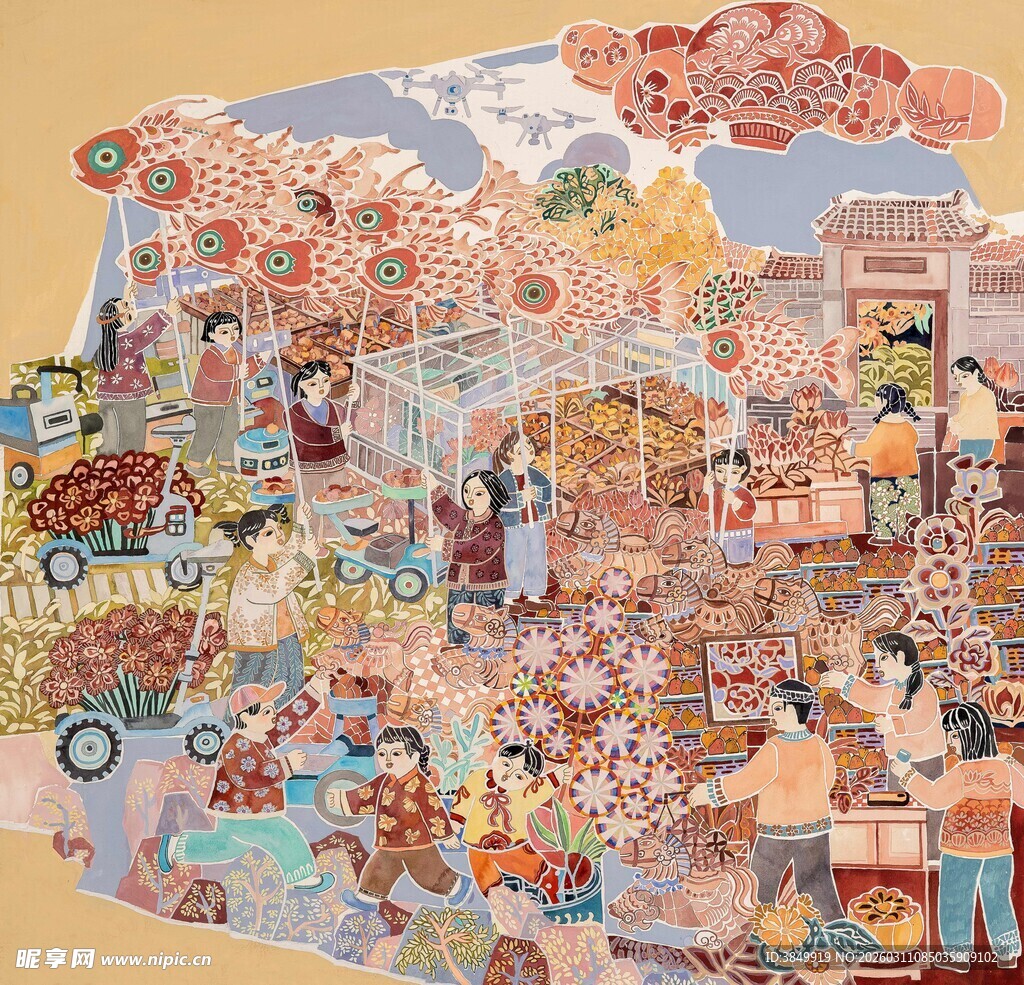 樱花下的热闹集市场景