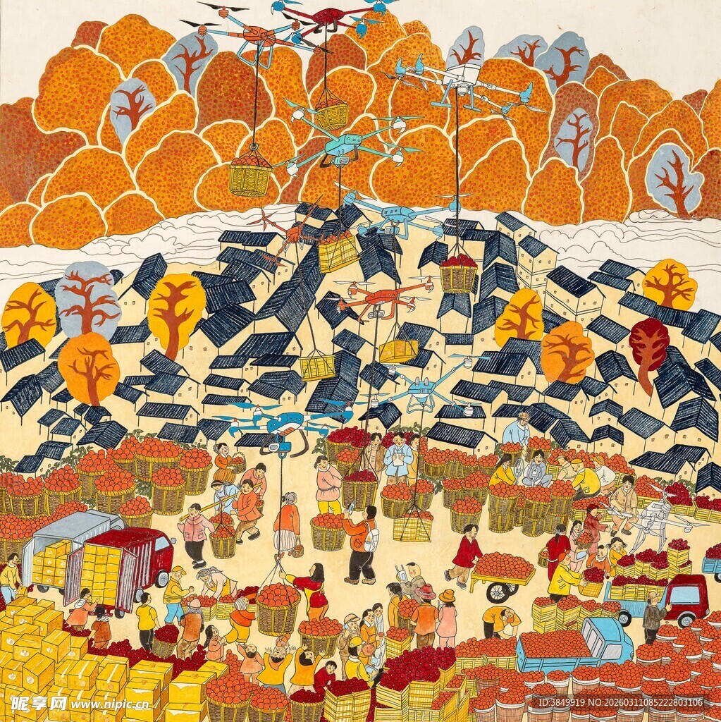 秋日乡村绚丽风景插画