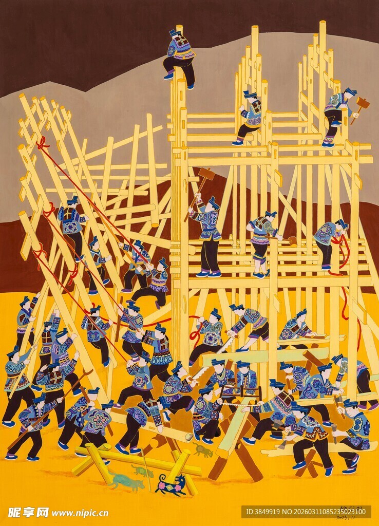 壮观多人攀爬木质结构场景