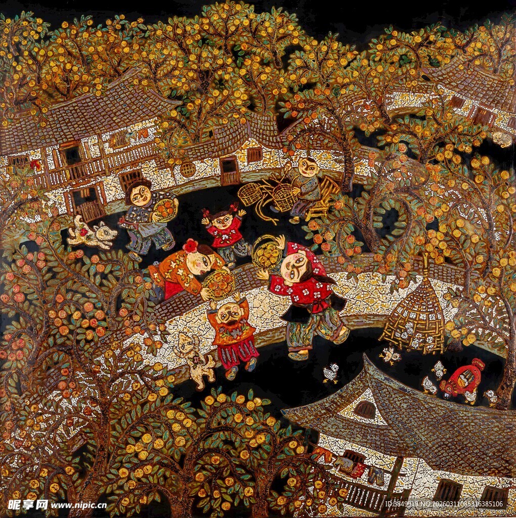 秋日古村热闹场景