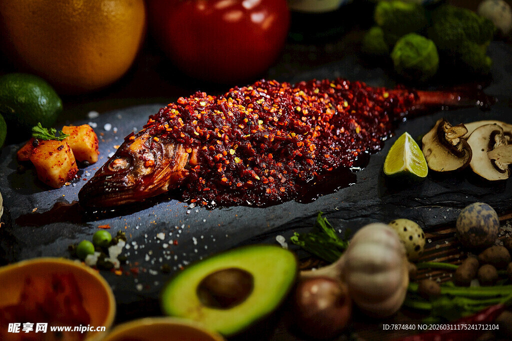 香辣烤鱼配多样新鲜食材