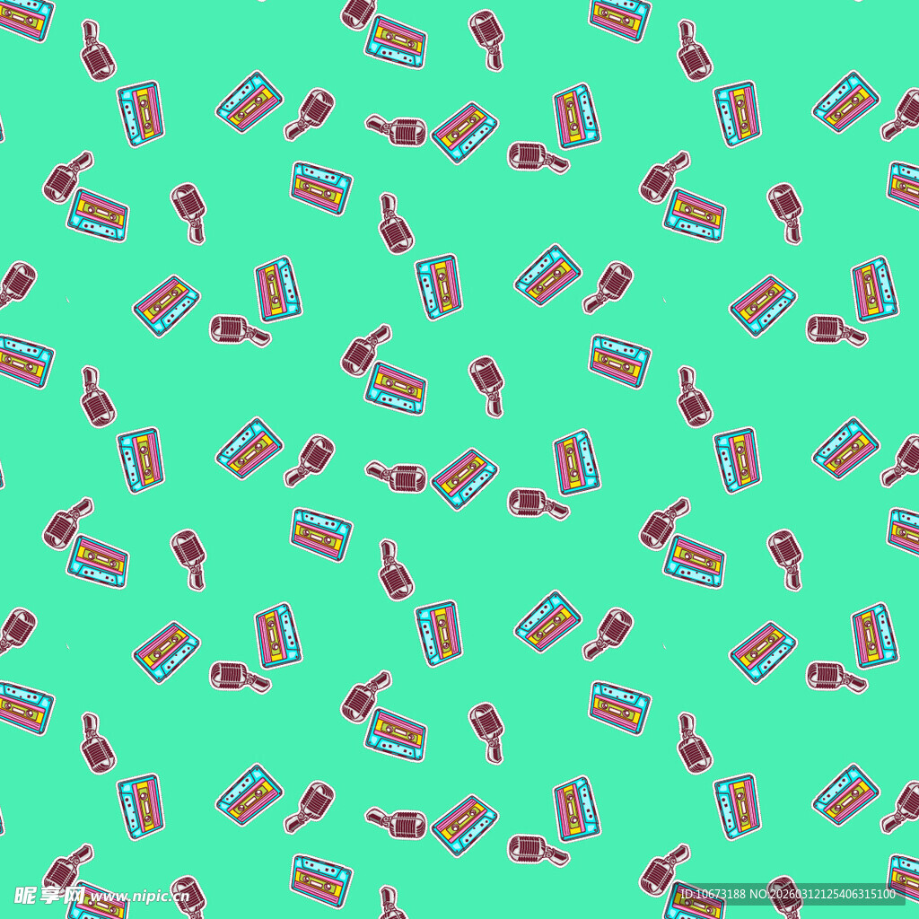 薄荷绿底多彩小物图案