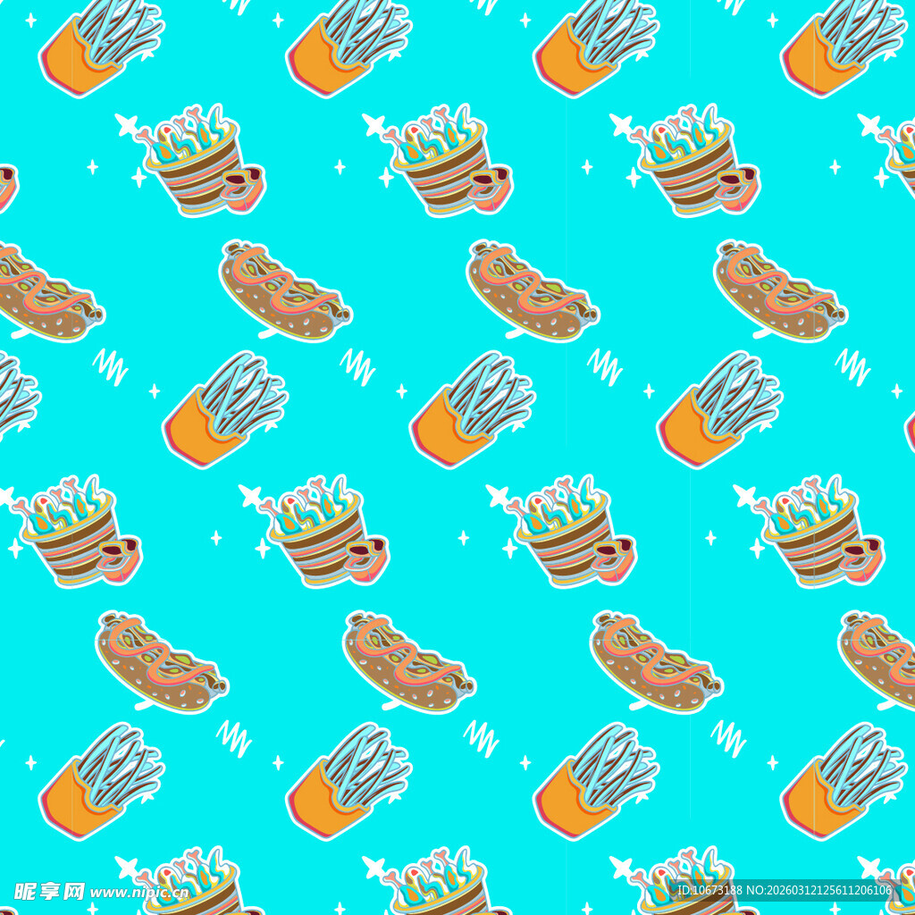 蓝色背景快餐图案无缝纹理