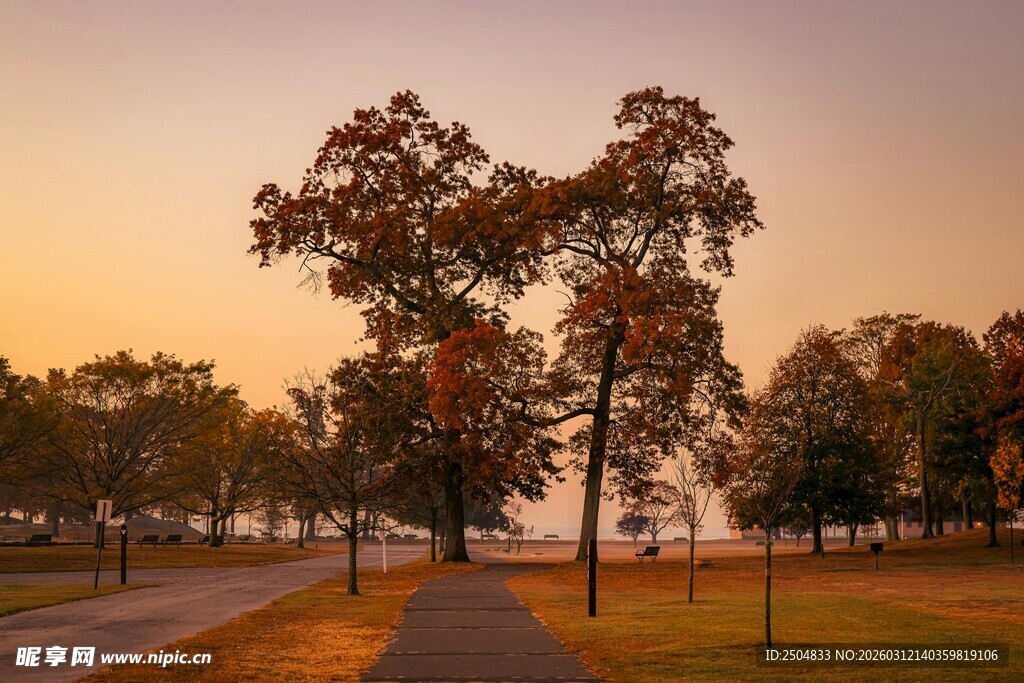 秋日公园黄昏美景