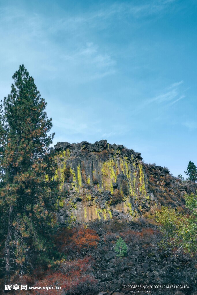 山间岩石与葱郁树木景观