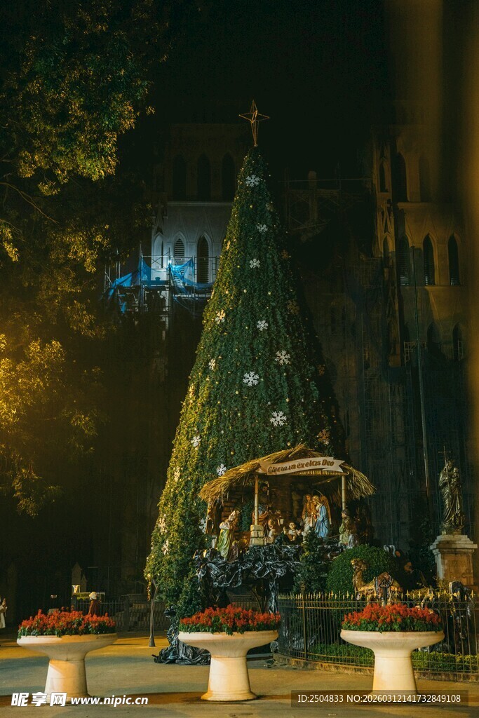 夜晚璀璨圣诞树装饰景观