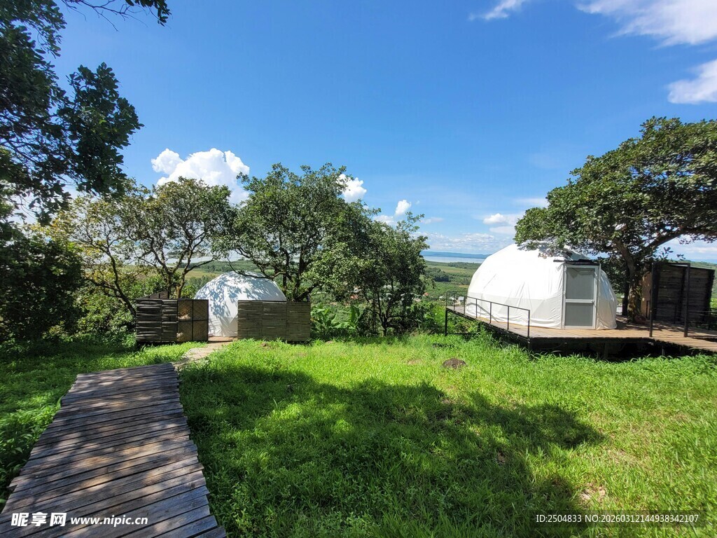 户外草地旁的小屋与绿树