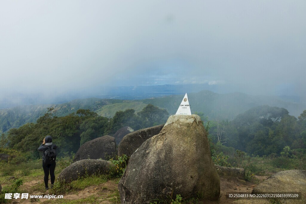 山顶白狗与远方观景人