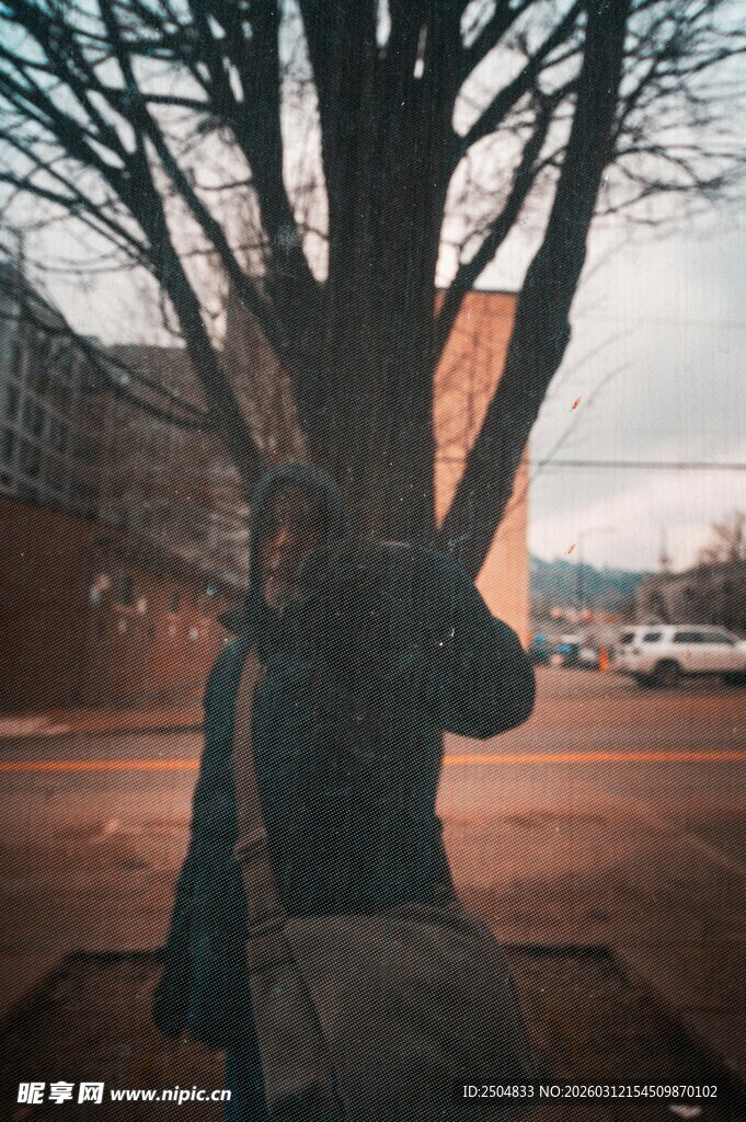 女子抱树 冬日街头的静谧