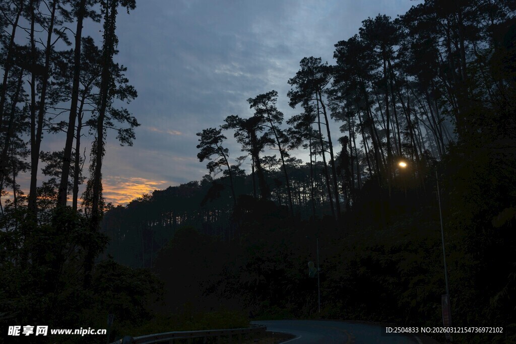 黄昏山林间的静谧景致
