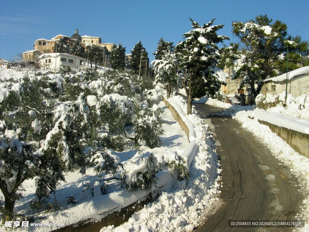 雪后山间小路的冬日美景
