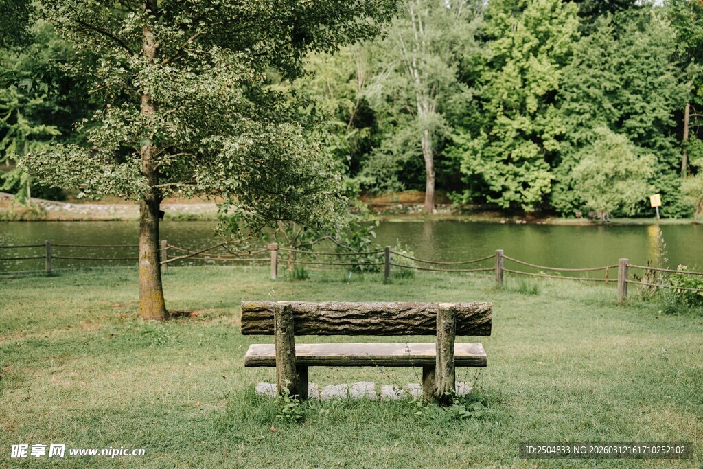 湖畔草地长椅 静谧景致