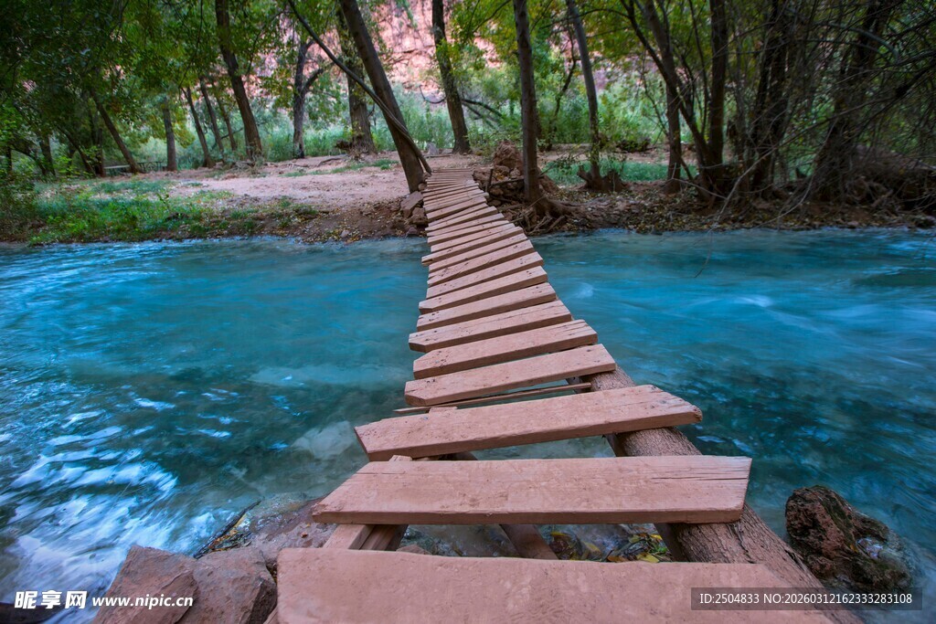 木桥横跨碧绿水潭