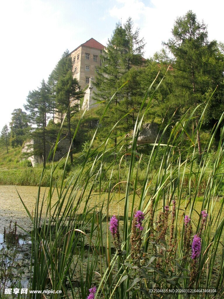 湖畔草木掩映中的古老建筑