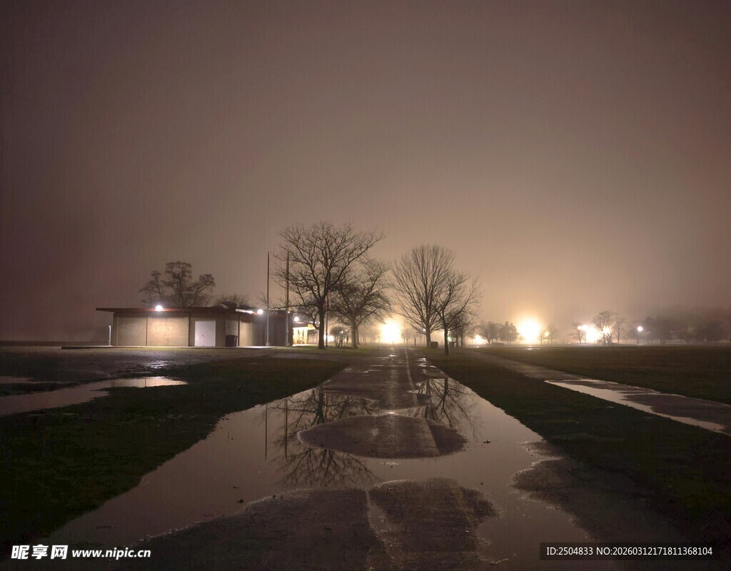 夜晚积水路面的静谧景象