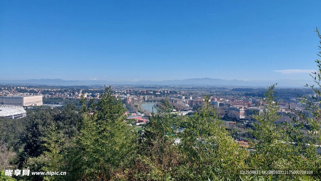 俯瞰城市与葱郁树林景观