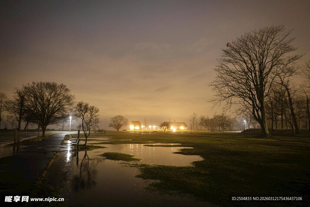 夜晚公园静谧积水景观