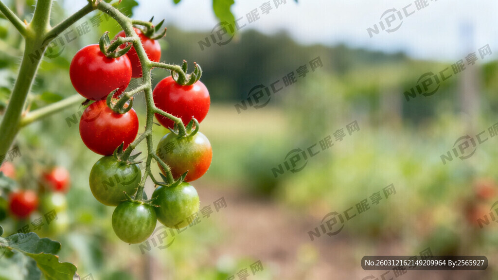 左边是一簇有红有绿的几串小番茄