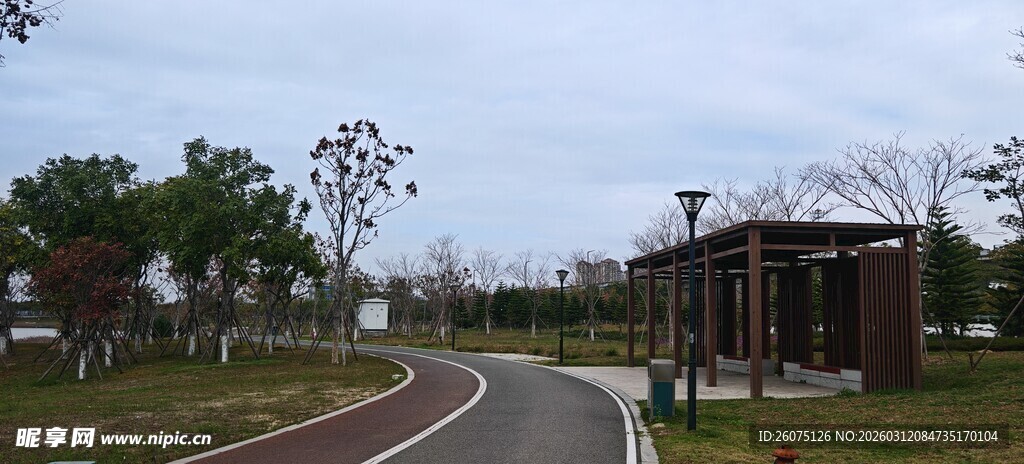 公园中的蜿蜒小路与凉亭