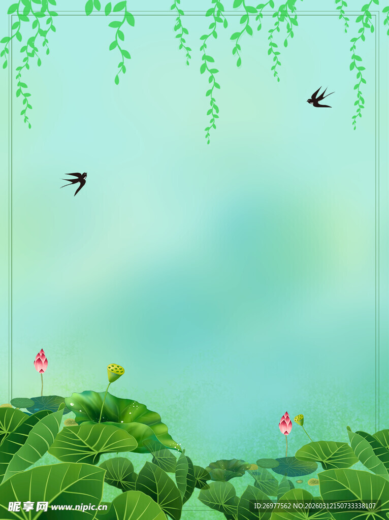 清新荷塘飞鸟绿植背景图