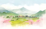春日山村水彩风景图