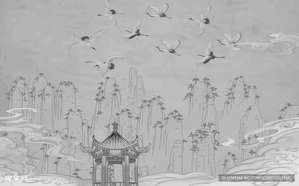 水墨山水间飞鸟伴古亭