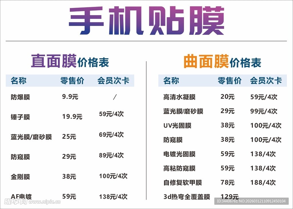 手机贴膜种类价格一览表