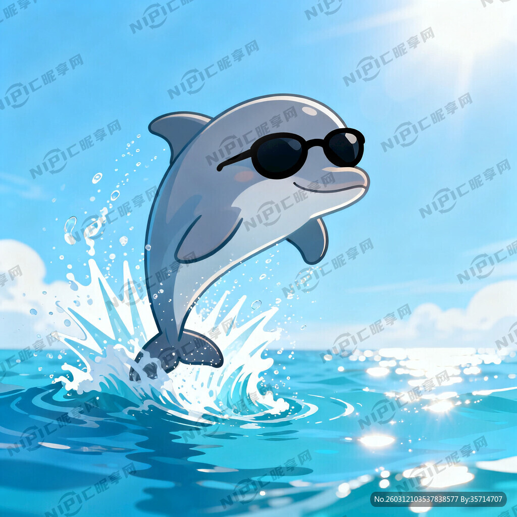 有浪花带墨镜的卡通海豚