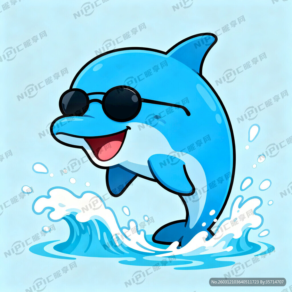 有浪花带墨镜的开口笑脸卡通海豚