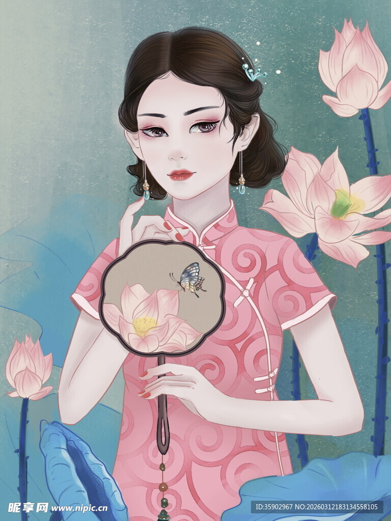 古典旗袍女子持扇赏荷花