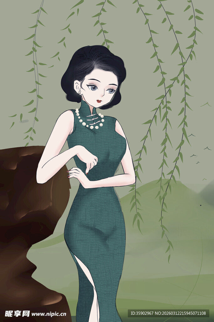 古典旗袍女子优雅立景中