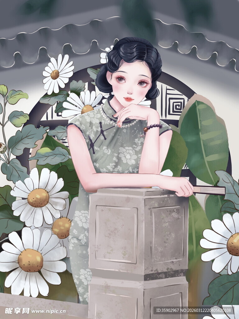 旗袍佳人倚石伴雏菊