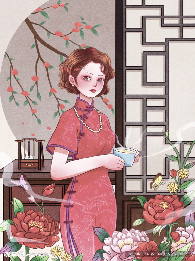 身着旗袍的优雅女子赏景